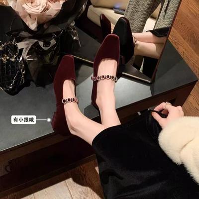 Square Head Single Shoes Women's Spring and Autumn 2025 New Velvet Surface Low Heel Flat Bottom Light Mouth Thick Heel Temperament French Mary Jan