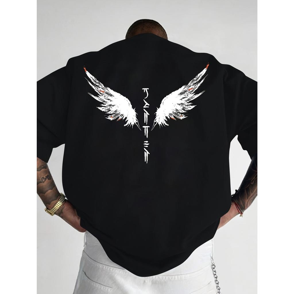 Unisex Unisex Tshirt Gothic Angel Wings Mystical Runes Print Tee Edgy Streetwear Casual Cotton Short Sleeve Tops
