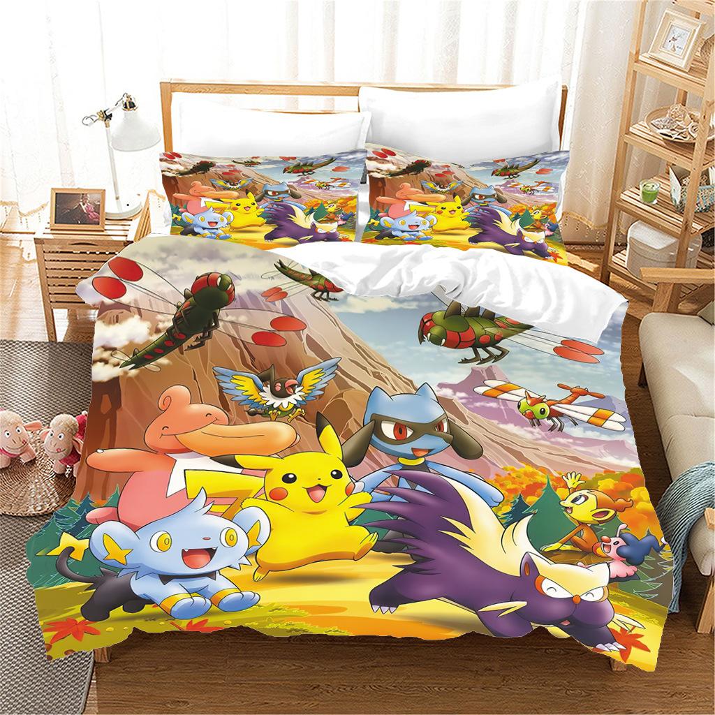 Anime P-Pokémon Printed Bedding Set New Ash Ketchum Pikachu Duvet Cover Comforter Pillowcase Boys Girls Children Adults King Gif