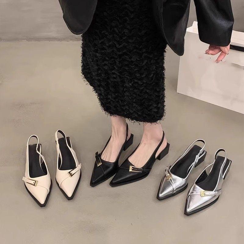 Fairy with skirt fashion empty sandals French evening wind silver pointed thick heel single shoes female 2025 summer and autumn new