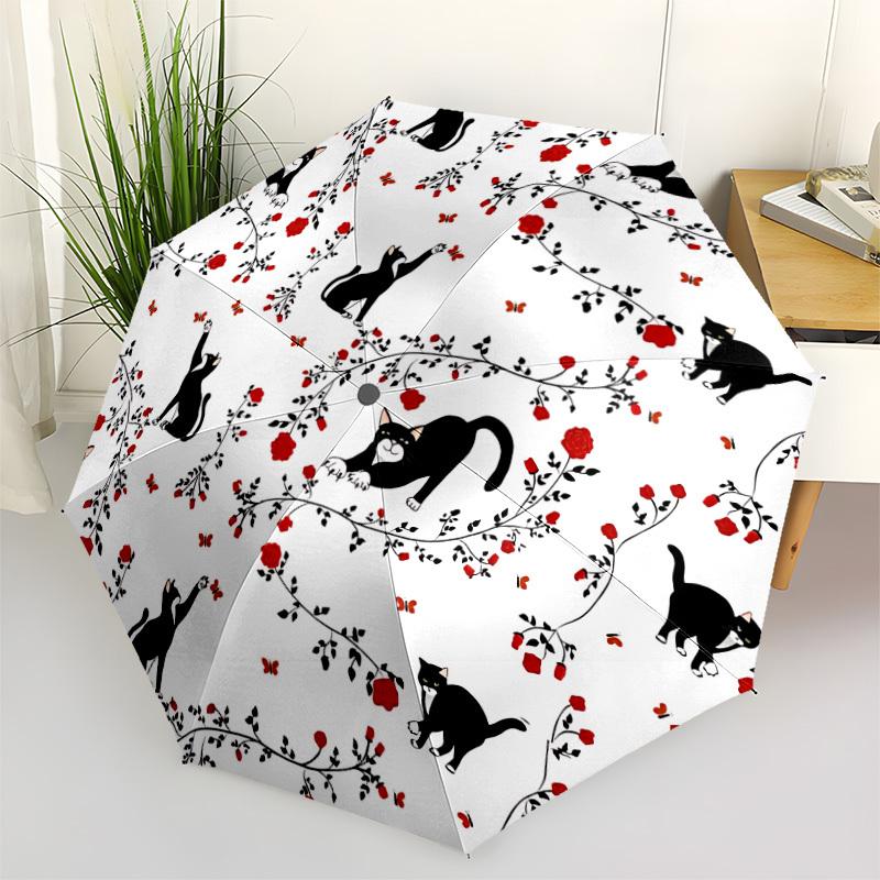 

1pc Cat Rose Pattern Open/Close Folding Umbrella, All- Portable Umbrella for & Men, Stylish Accessory (Holiday Gift) 8-Rib yy251213112