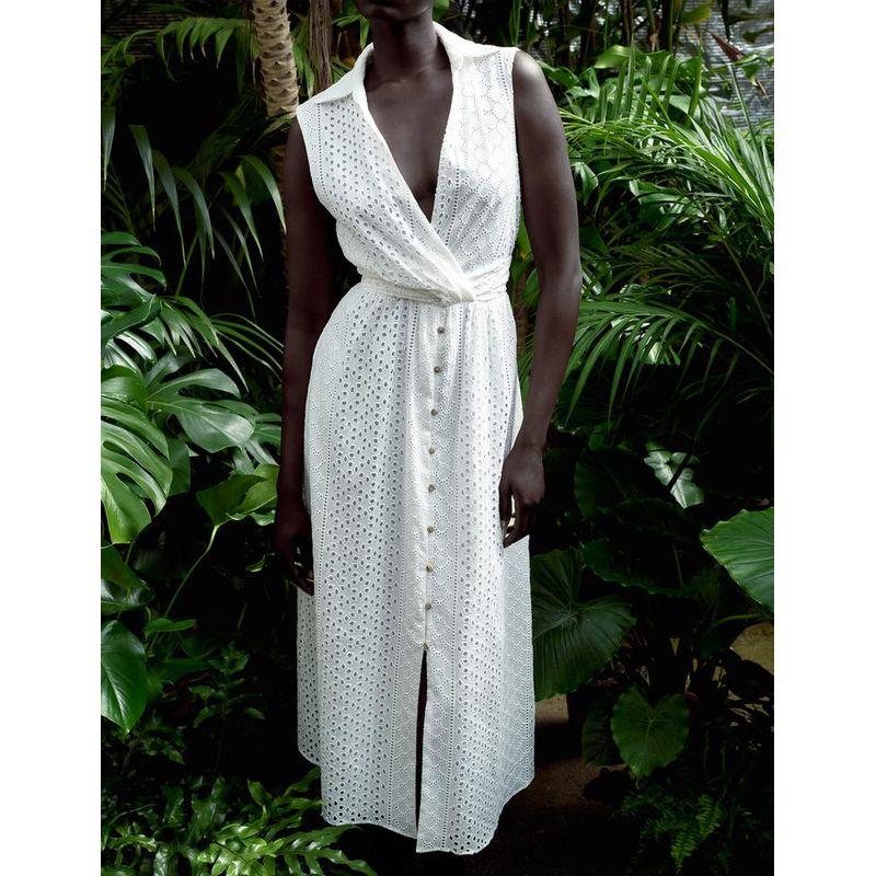 Spring New Temperament Waist-Controlled V Neck Sleeveless Ruched Decorative White Embroider Hollow Dress 3017653