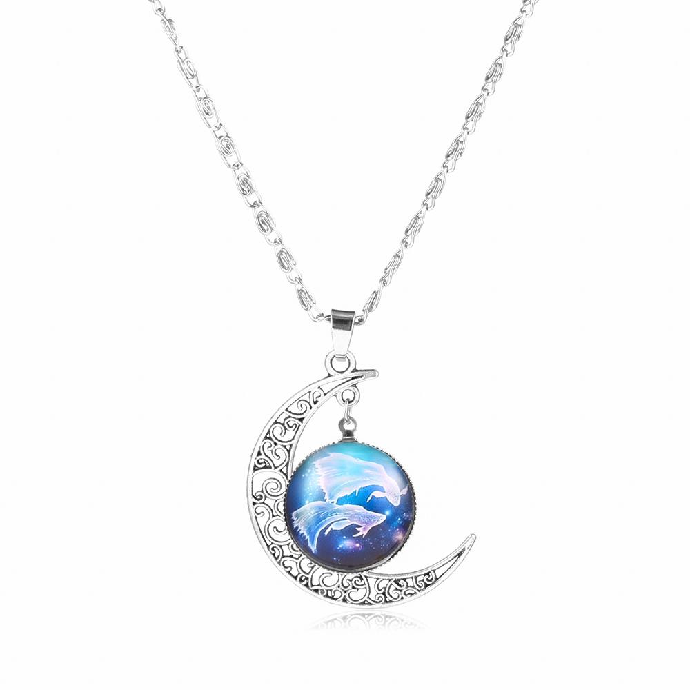 12 Zodiac Signs Glass Dome Crescent Moon Necklace for Women Aries Taurus Cancer Aquarius Pisces Necklace Fashion Party Jewelry