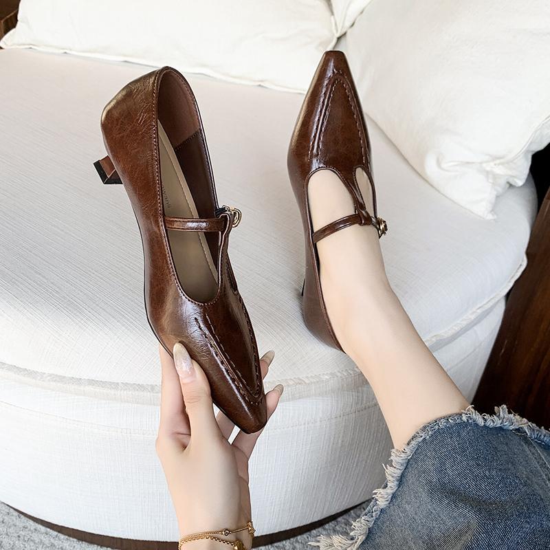 Elegant Pointed Toe Mary Jane Shoes Women's Spring Autumn New Style Thin Medium Heel Leatherette Single Shoes Buckle Strap