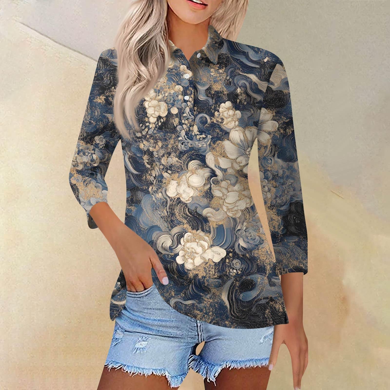 

Women s Fashion Casual Lapel Short Sleeve Printed Shirt Women s Button Up Tops S Темно-синій