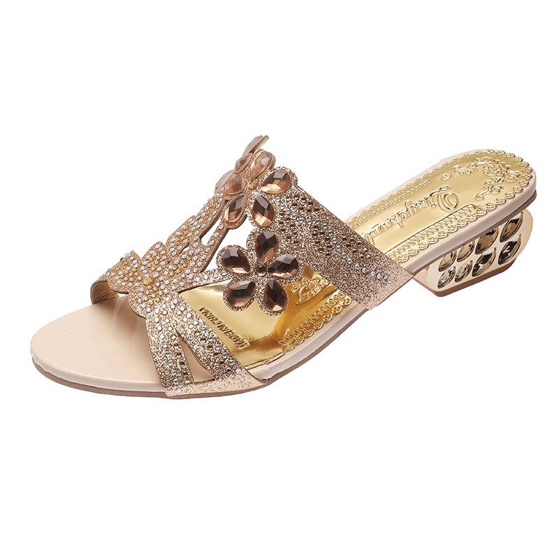 Rhinestone Low Heel Woman Slippers Outside Sandals 39 Unique Slides Chic and Elegant Shoes for Women Korea Style Shoe Wholesale