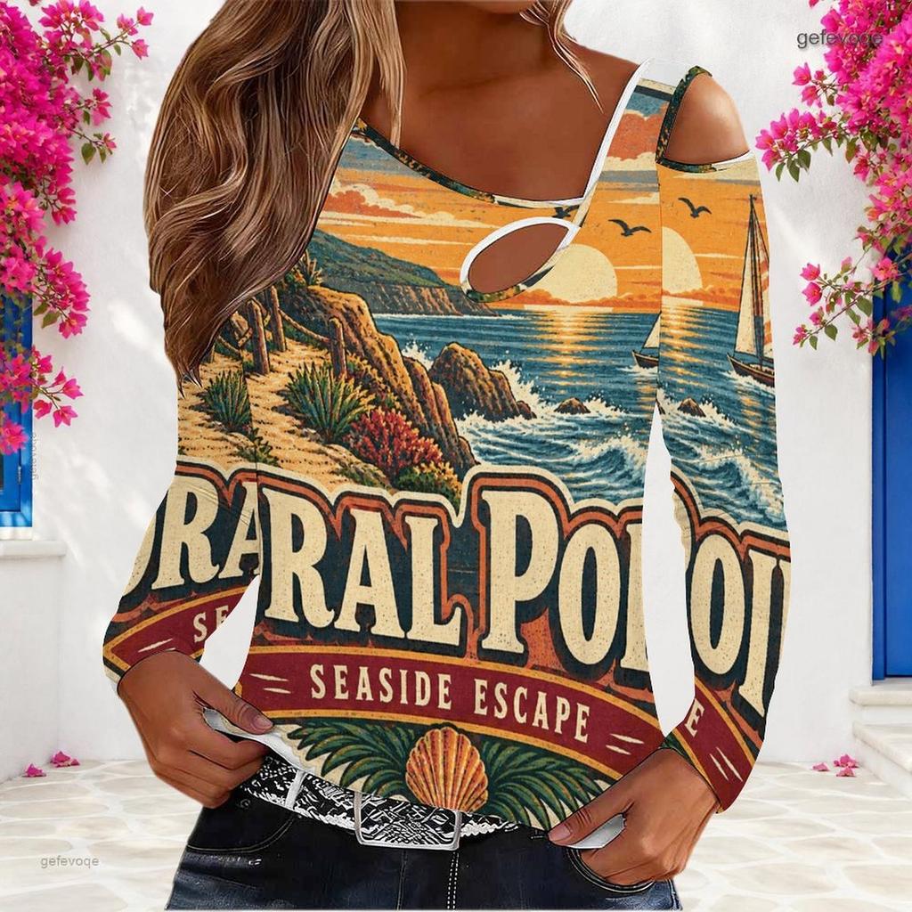 Women Plus Size Asymmetric Cutout Neck Cold Shoulder Fitted Long Sleeve Beach Printed Top