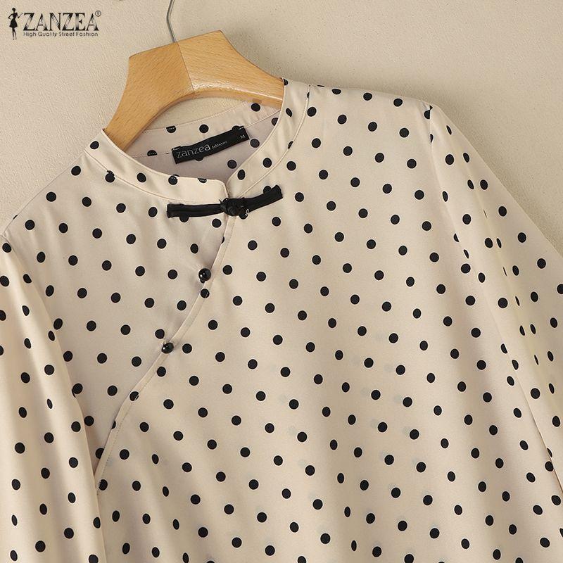 ZANZEA Women Casual Stand Collar Loose Half Sleeve Polka Dot Print Blouse