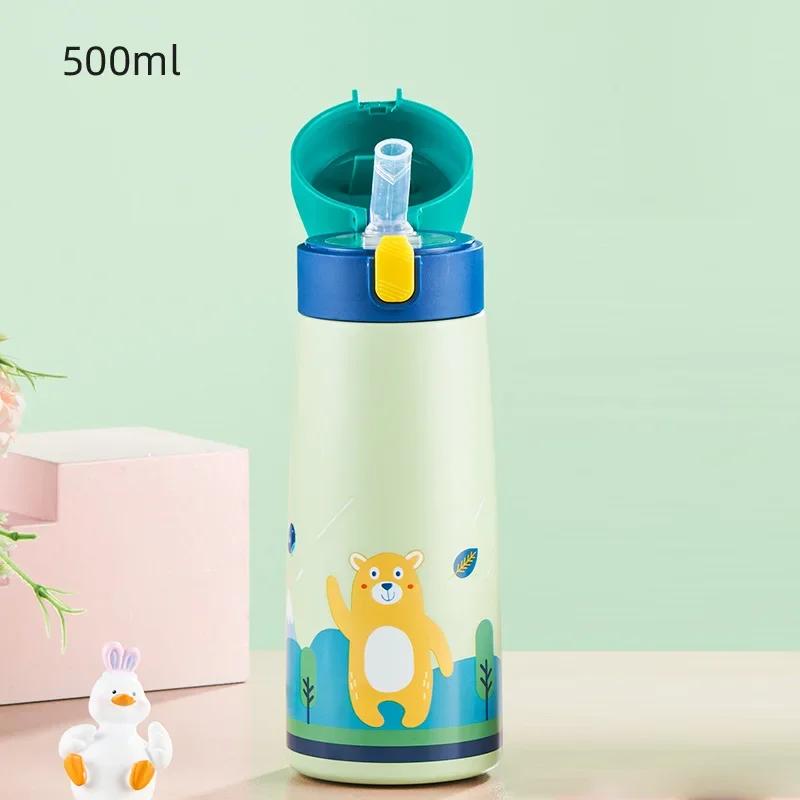 Kids Stainless Steel Straw Thermos Mug With Case Cartoon Leak-Proof Vacuum Flask Children Thermal Water Bottle Thermocup