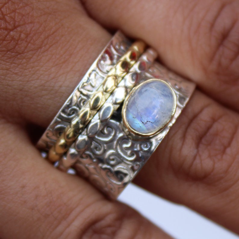 Inel Spinner Rainbow Moonstone, Inel de argint 925, Inel de meditație, Inel de declarație, Inel Fidget, Inel de îngrijorare, Inel pentru cadou de Crăciun, Cadou pentru ea