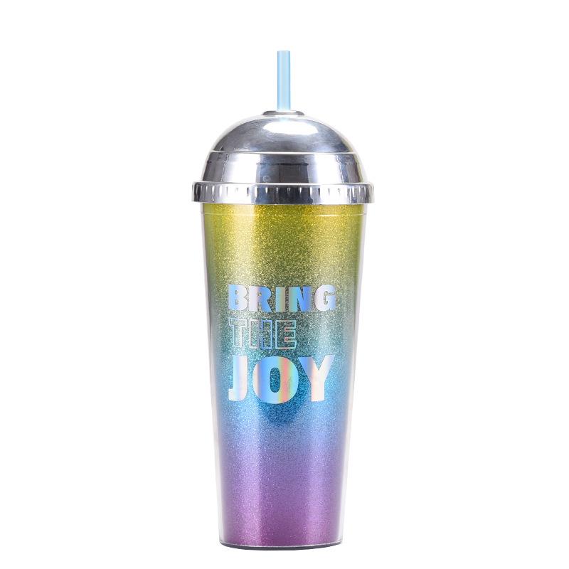 24Oz Straw Cup Leopard Print Magic Semi-Round Cover Water Cup Large Capacity Portable Double Layer Plastic Cup