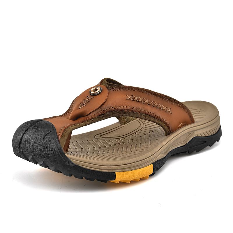 Fashion Genuine Leather Men Flip-flops Cool Beach Summer Shoes Anti-collision Toe Male Slippers Leisure Walk Non-Slip Non-Slip Half Drag