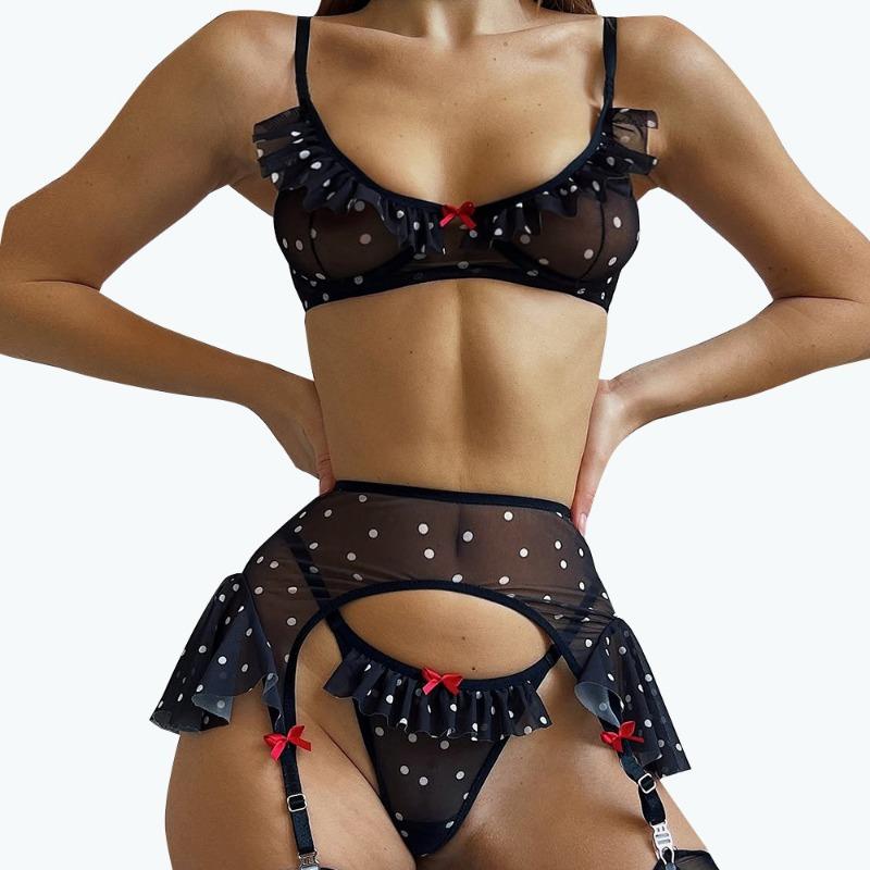 Sexy bra perspective polka dot mesh contrasting color erotic underwear set women