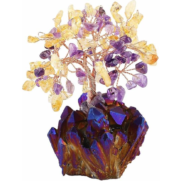 mookaitedecor Amethyst Crystal Tree, Quartz Cluster Rainbow Titanium Crystals Base Bonsai Money Tree for Wealth and Luck