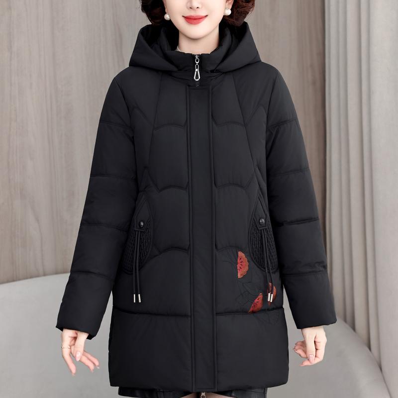 

Женские зимние длинные пальто больших размеров XL-5XL для женщин среднего возраста, элегантные свободные теплые парки с капюшоном и вышивкой, женская куртка 5XL чёрный