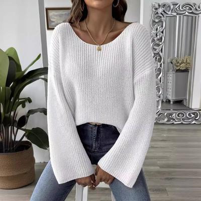 Women's Fall and Winter Pullover Simple Loose Line Neck Off-the-shoulder Flared Sleeve Sweater