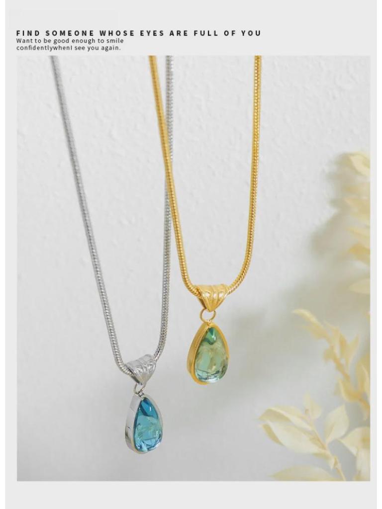 Kadınlar için Zeytin Yeşili ve Mavi Su Damlası Kolye - Retro, Niş Tasarım, Solmaz, Seksi Takı.