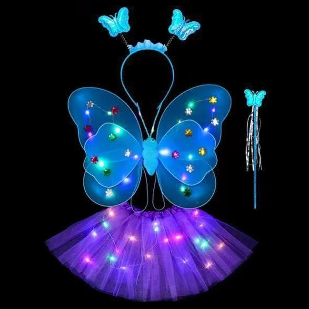 LED Children Costume Props Girls Skirts Angel Luminous Wings Flashing Butterfly Skirt Lights Suit 2-8year Easter Valentines Day