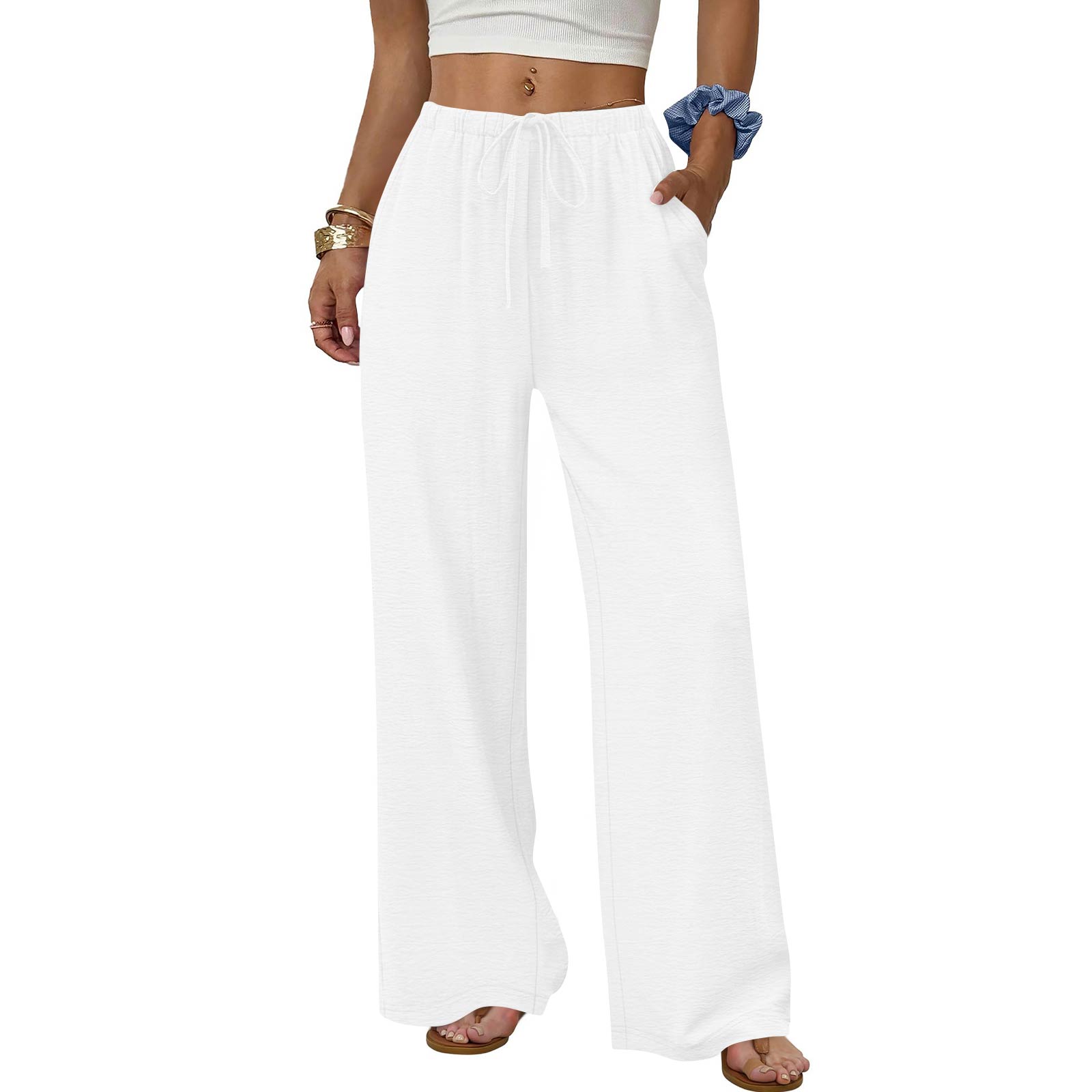 

Women s Fashion Wide-Leg Trousers With Drawstring Elastic Waistband And Pockets Relaxed-Fit Casual Trousers XL білий