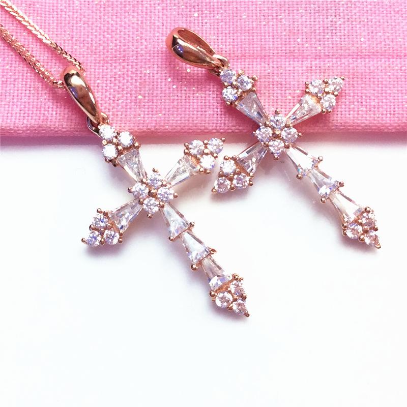Exquisite Color Gold Russian Zircon Cross Pendant Foreign Style Fashion 585 Purple Gold Plated Rose Gold Necklace