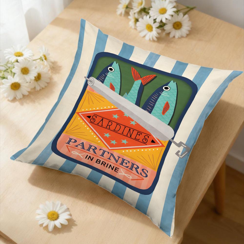 1Pc Retro Sardines Partners In Brine Cushion Cover Blue White Striped Pillowcase For Living Room Sofa Bed Decorative Throw Case