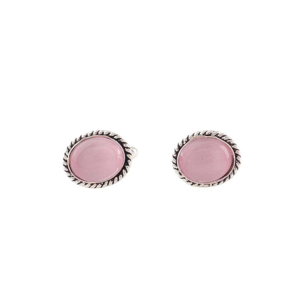 Pink Cat's Eye Gemstone 925 Stamped Silver Handmade Jewelry Boho Cufflinks 0.6" CL-1-27