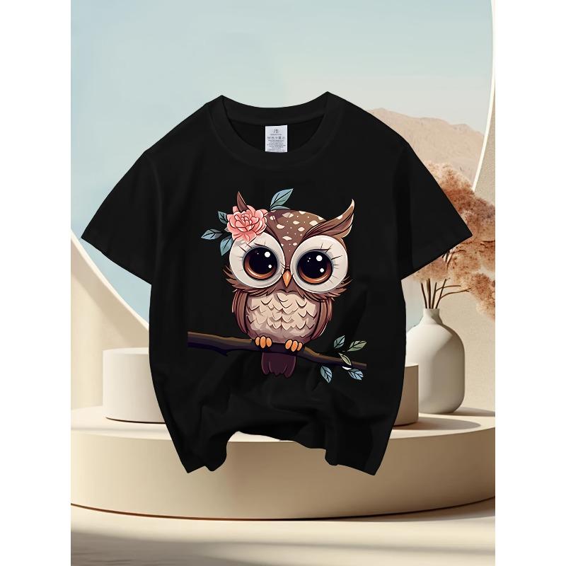 European sizes Adorable Short-Sleeve T-Shirt for Girls Featuring a Cute Owl Adorned with a Flower Crown.
