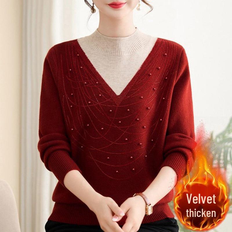 Mom's Velvet Thickened Knit Two-Piece Sweater for Autumn/Winter - Mid-Age Half-High Collar