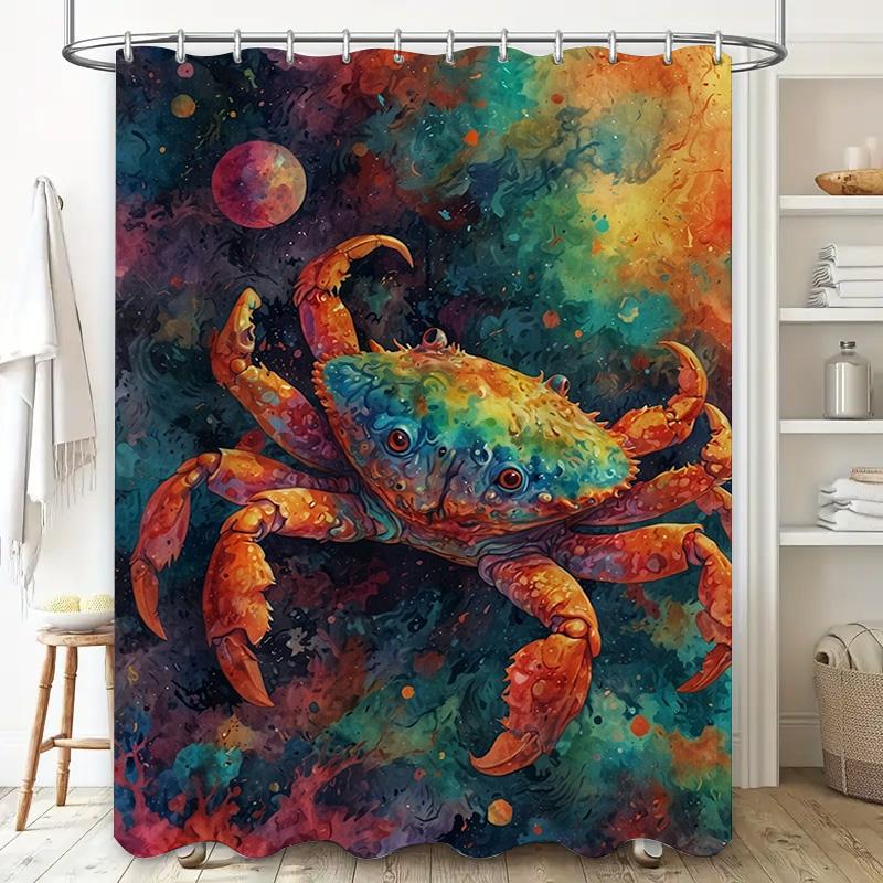 Cosmic Crab Shower Curtain-Vivid Multicolor Crustacean Design Waterproof Modern Bathroom Decoration Space Theme 180x180cm
