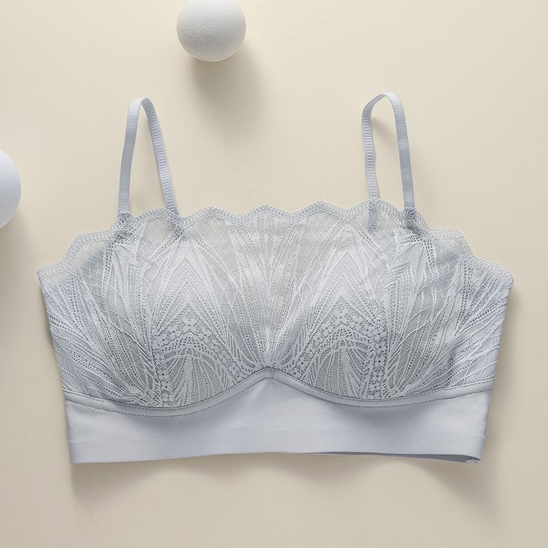 Tube Top Underwear Women's Summer Thin French Lace Suspender Anti-light Beautiful Back Comfortable and Breathable Triangle Cup Bra Cover