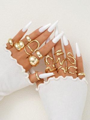 13/14/15 Pcs Exaggerated Fluid Design Rings Set For Women Vintage Asymmetrical Finger Ring Daily Wear Casual Date Birthday Gifts