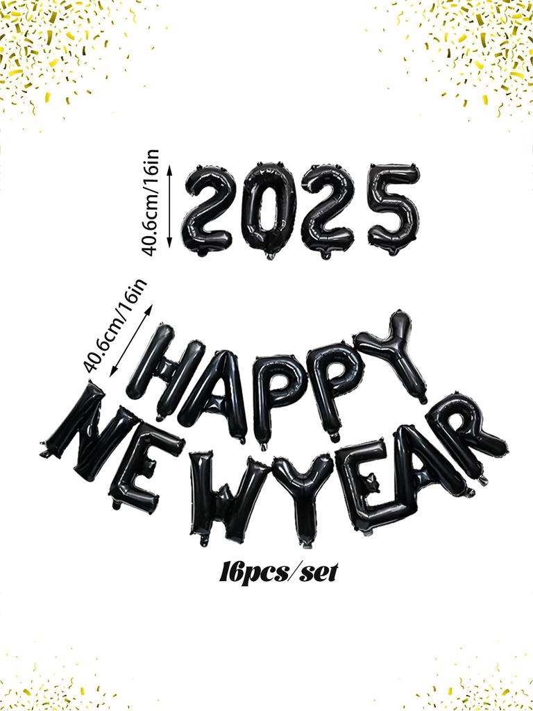 16pcs/set-16 Inch 2025 Happy New Year Aluminum Foil Balloon Set, New Year Holiday Decoration, Christmas Theme Party Decoration,