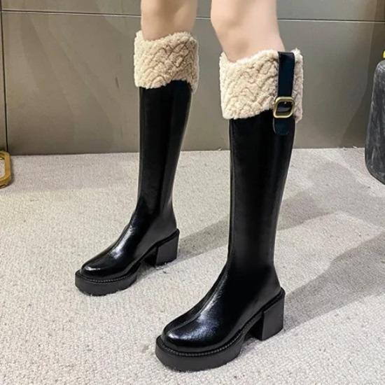 Zimní dámské hřejivé kozačky rytířky módní zadní zip robustní podpatek kozačky nad koleno pro ženy platformní boty dámské boty