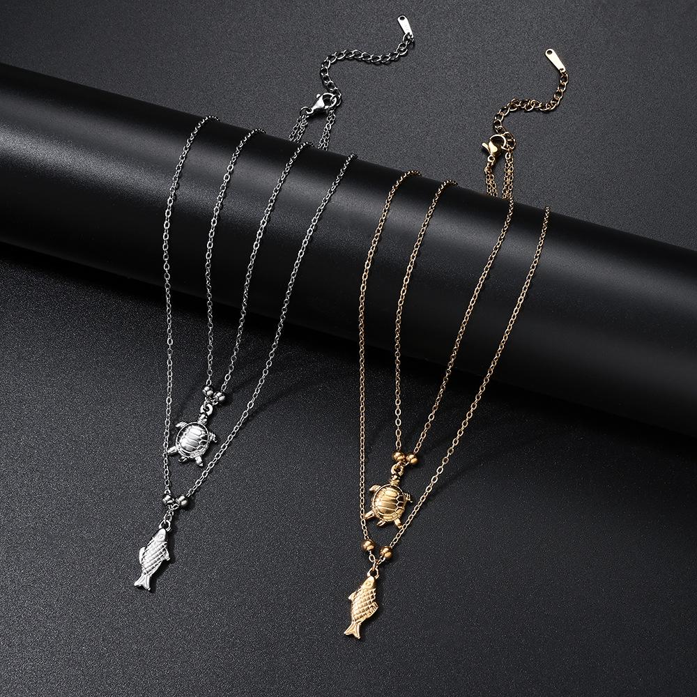 Ocean Series Titanium Steel Sea Turtle & Fish Two-Layer Necklace for Women