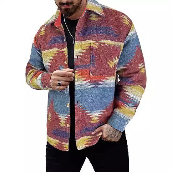 Men's Casual Printed Cotton Button-Down Jacket Long Sleeve Jacket Lapel Western Jacquard Jacket
