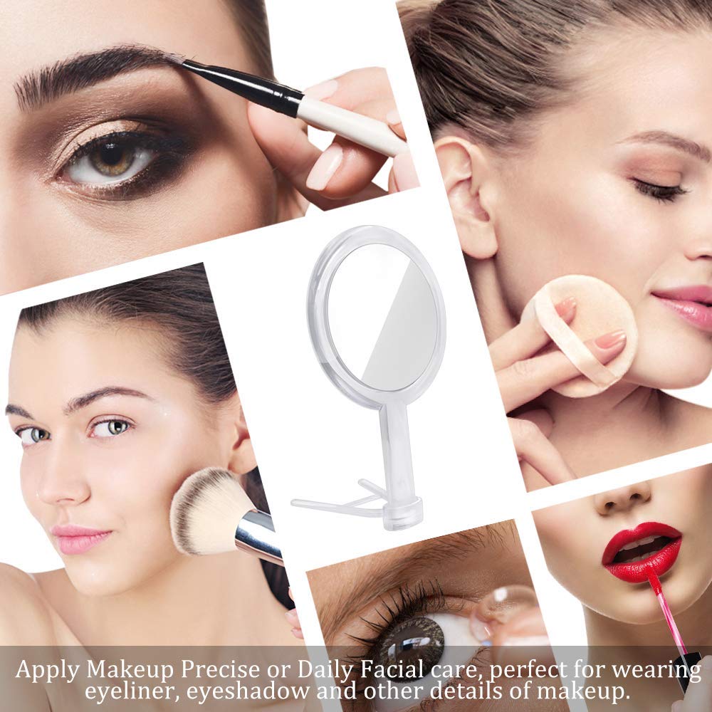 MILEDUO Handheld Makeup Mirror with 1x and 10x Tabletop Stand Round Cosmetic Clear Mirror, Double-Sided Magnification, Handle-Mounted Double-Sided