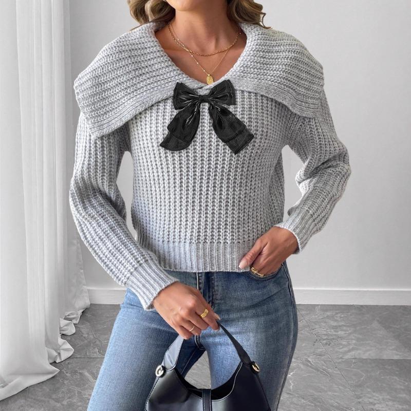 Tops Women's Autumn and Winter Lapel Bow Patchwork Pullover Sweater