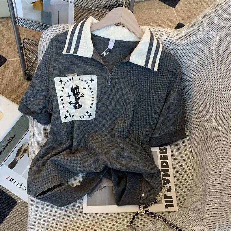 Summer Women's Suit Design Sensibility Niche Loose-Fit Versatile Zipper Lapel Short Sleeves Walf Checks Shorts 2-Piece Set