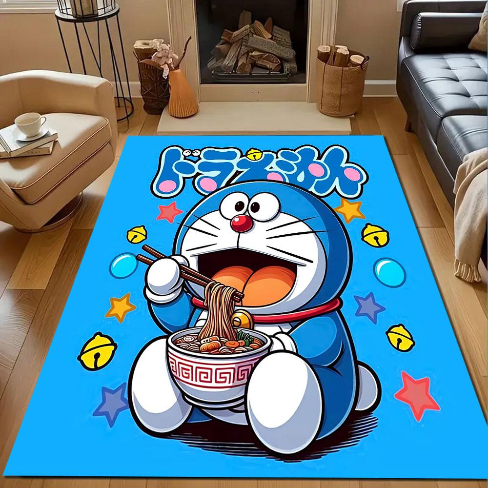 Doraemon Eating Ramen On Blue Background Patterned Carpet, Non Slip Mat Suitable for Living Room and Bedroom Sofas