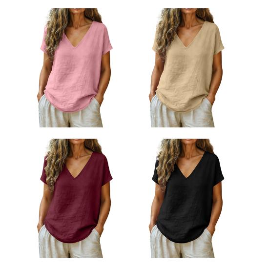 Women Tops V-Neck Short Sleeve Loose Fit Tee Tops Pure Color Casual Summer Blouse