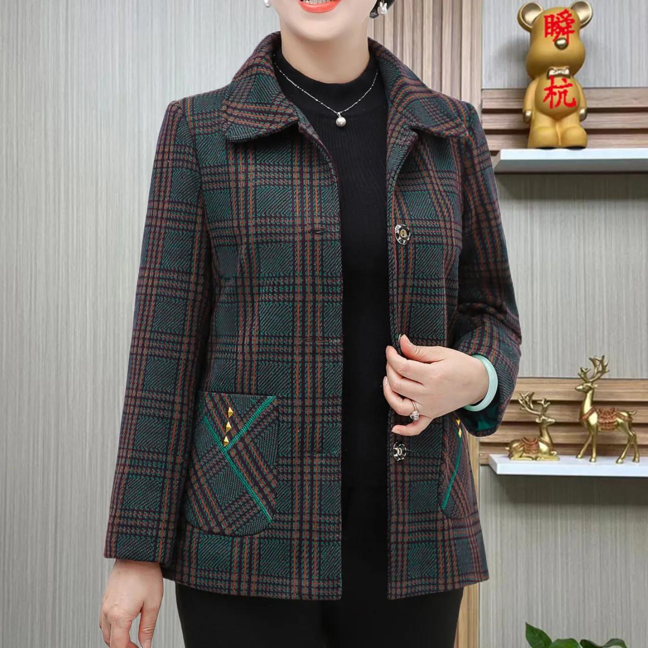 

Women s Spring/Fall Checkered Jacket Plus Size Elegant Button-Up Slim-Fit Jacket for Mature Women M