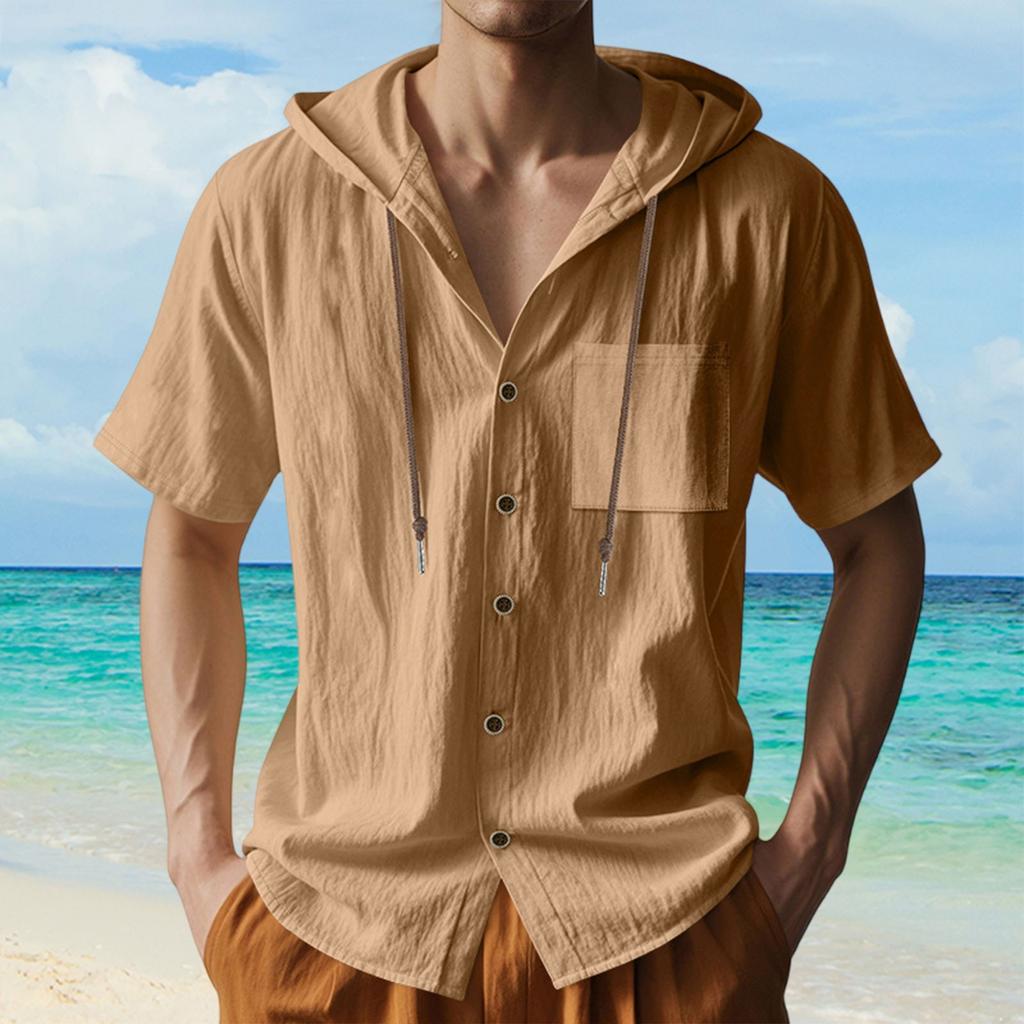 Men's Linen Quick-Dry Hoodie Shirts  Summer Casual Loose Breathable Button-Down Short Sleeve Hoodies