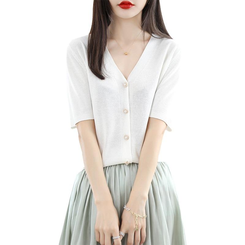 2025 Summer V-neck Knitted Short Sleeve Women's Cardigan Mid-Sleeve Ice Silk Top