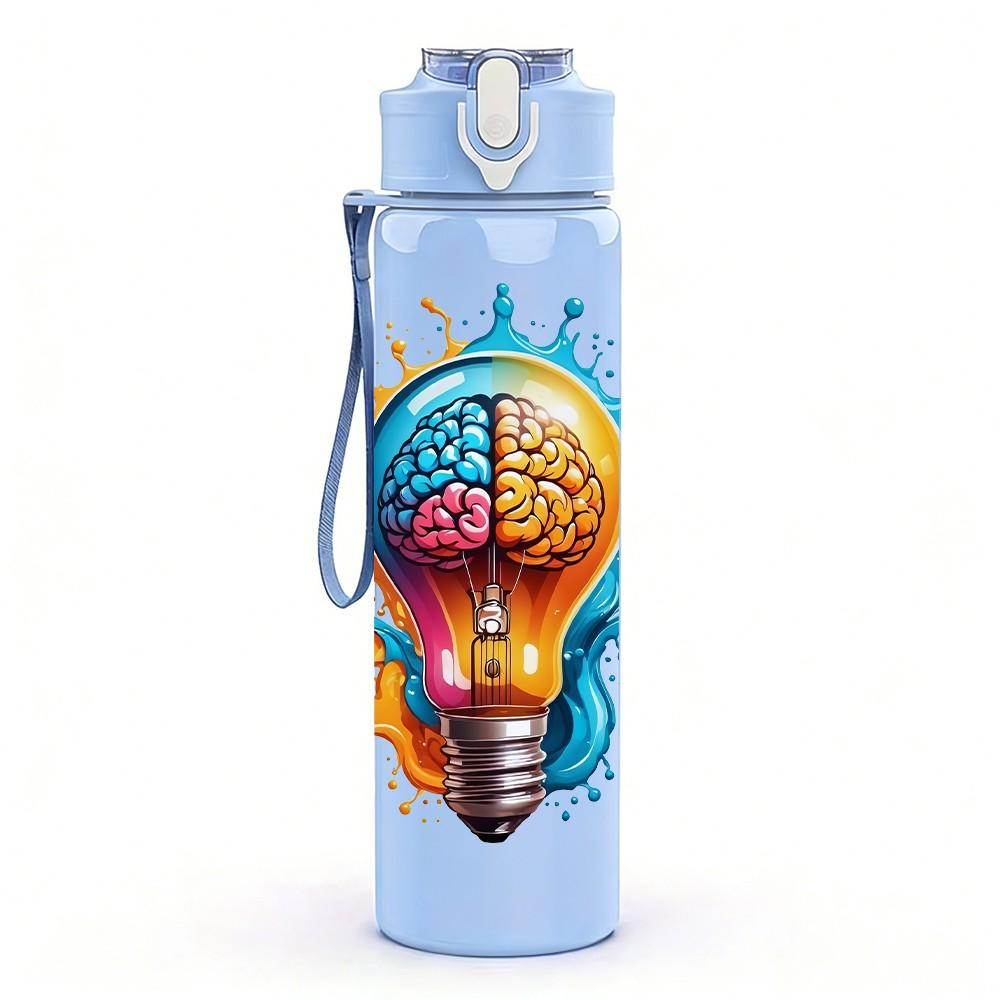 1PC Light Bulb Creative Idea Art Print 750ml Color Plastic Sports Water Bottle Leakproof Flip Straw Lid Suitable for Sports Office Home Use