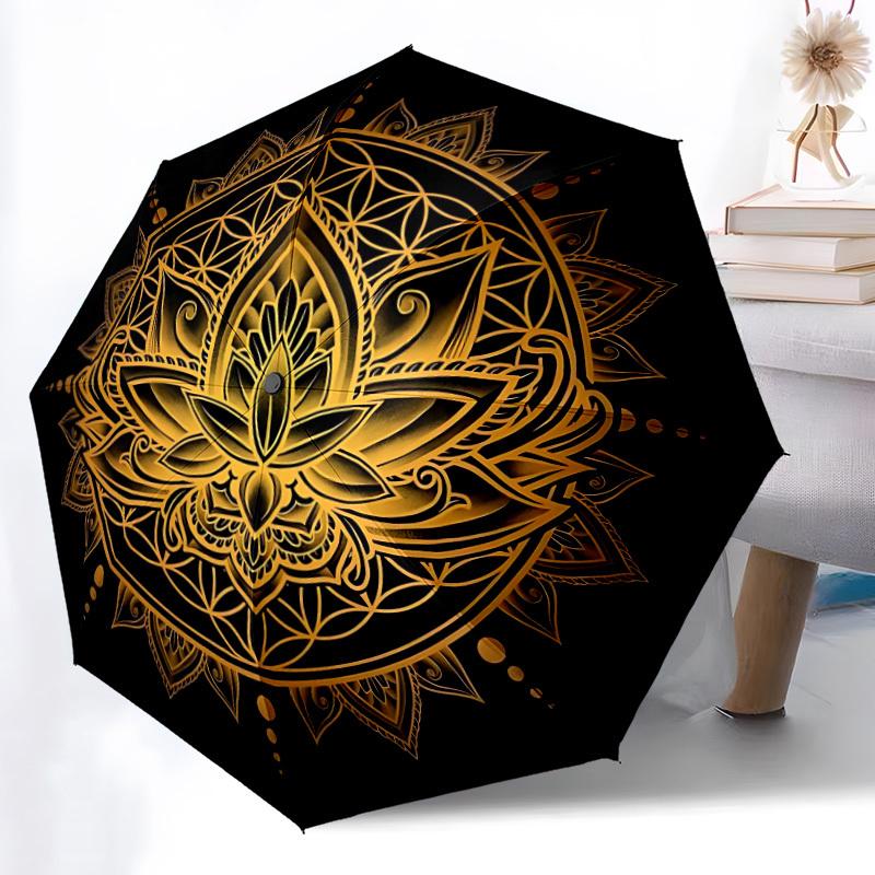1pc Lotus Mandala Automatic Folding Umbrella - Design, Durable Iron Frame for Travel, Outdoor, Beach Fashion Accessory a0920047