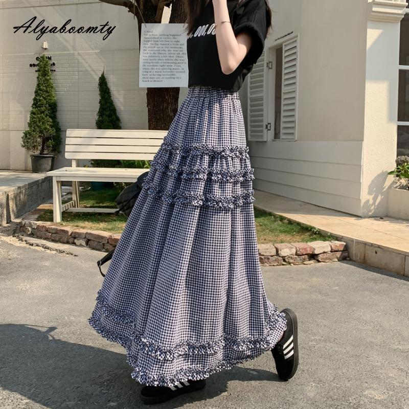 Korean Style Spring Summer Women Midi Skirt Elastic Waist Black Blue Plaid Ruffles Skirt Elegant Feminine Ladies' Basic Skirts Womens