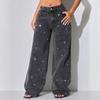 Nuovi Jeans Lavati da Donna con Strass, Taglie Forti Vita Bassa Larghi Bottoni Dritti Pantaloni in Denim