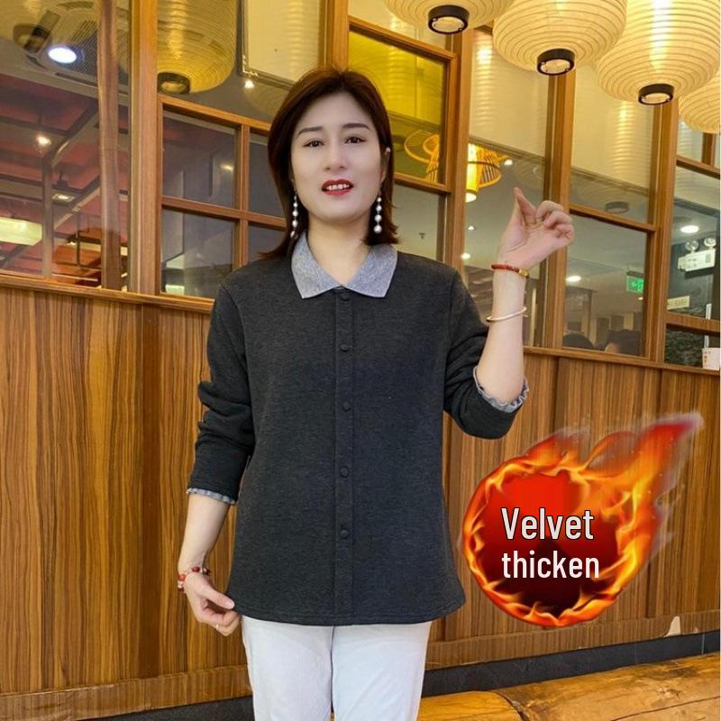 

2025 New Style Plus Velvet Thick Lapel Long Sleeve Top - Large Size Mom s Wear for Autumn/Winter, Covers Belly 5XL - for 141-150 kg сірий колір