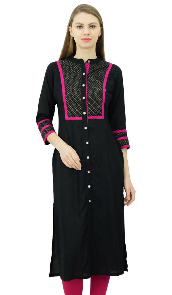 Phagun Womens Rayon Straight Tunic Kurta Open Front Kurti Mandarin Collar Indian