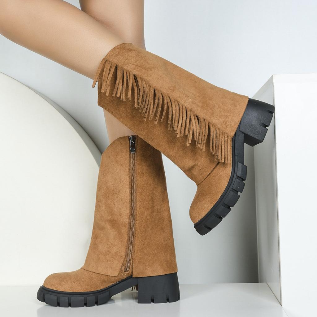 NEW Fringed Tassels Knee High Boots Winter Women Suede Thick Heels Boots Square Toe Shoes for Women Botas Mujer